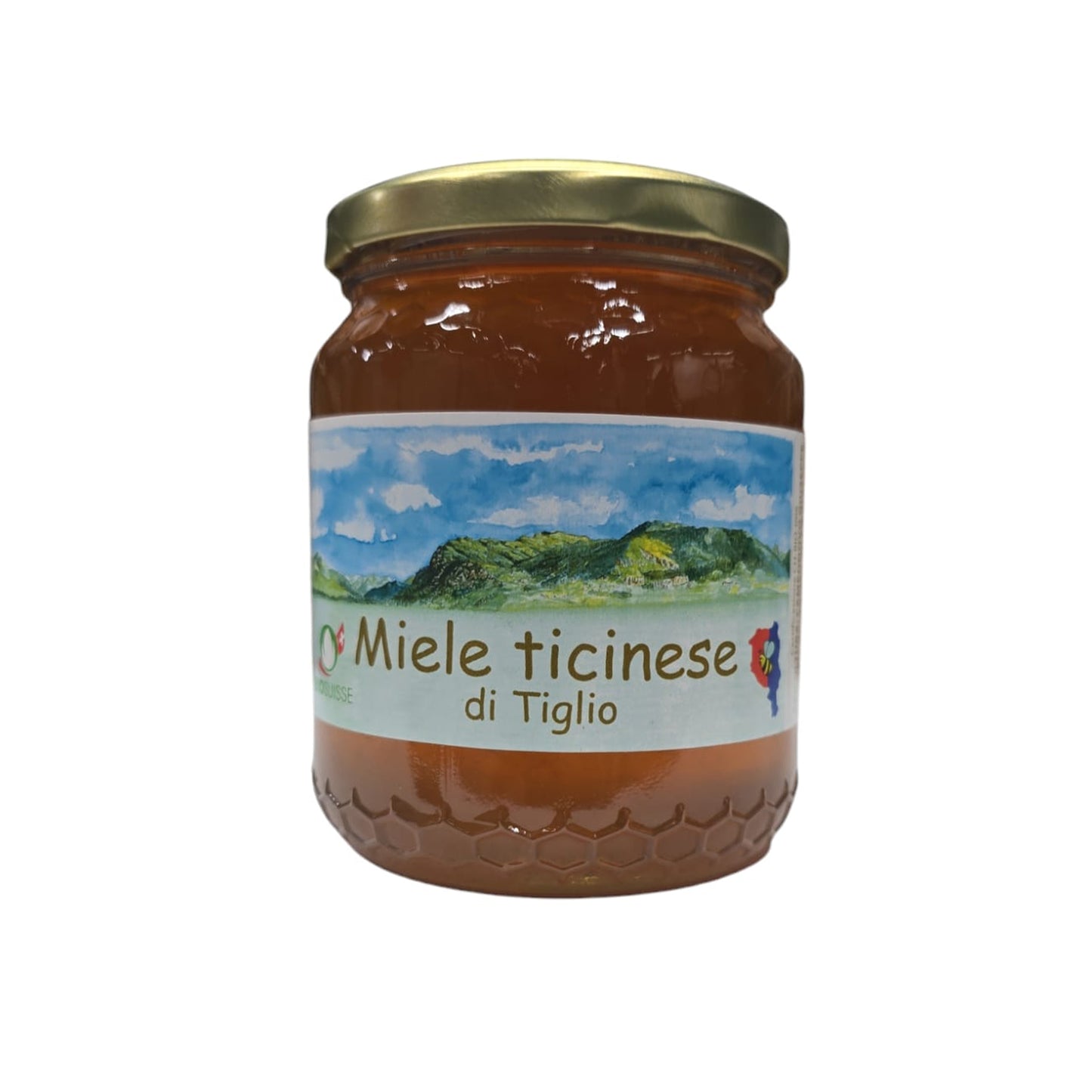 Honigglas Inhalt 500g Lindenhnig und einer Etikette mit der Aufschrift miele ticinese und biosuisse siegel