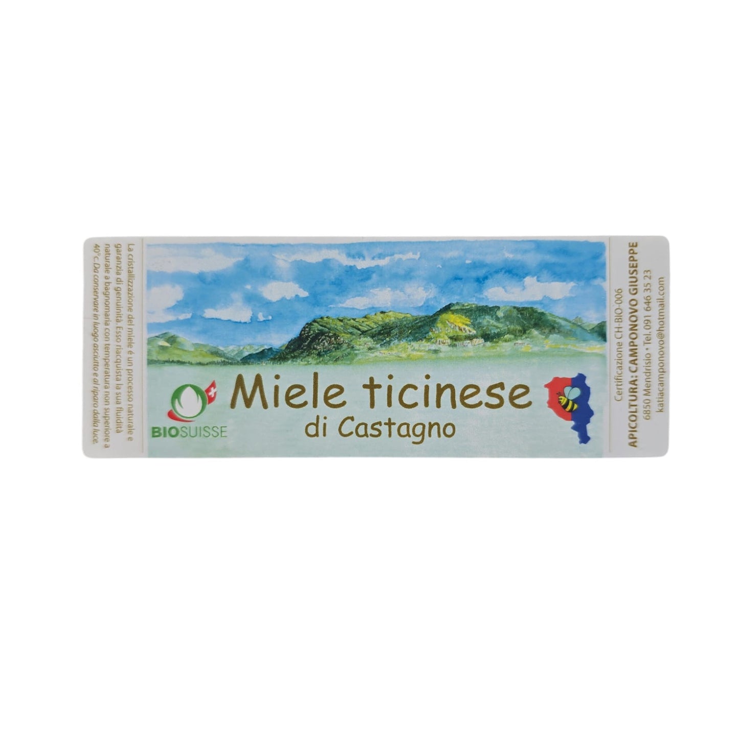 Etikette mit der Aufschrift miele ticinese di castagno BIOSUISSE Siegel