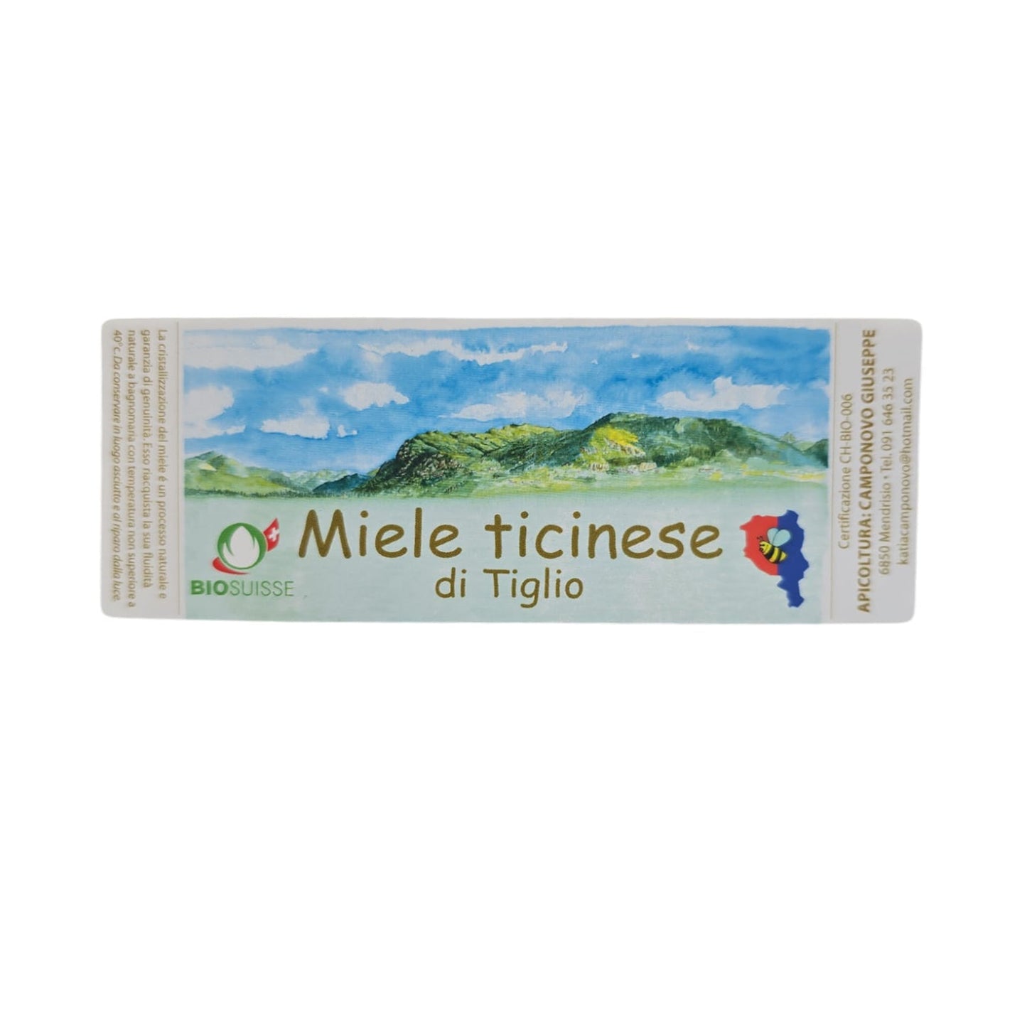 Etikette mit Aufschrift miele ticinese di Tiglio mit BIOSUISSE Siegel